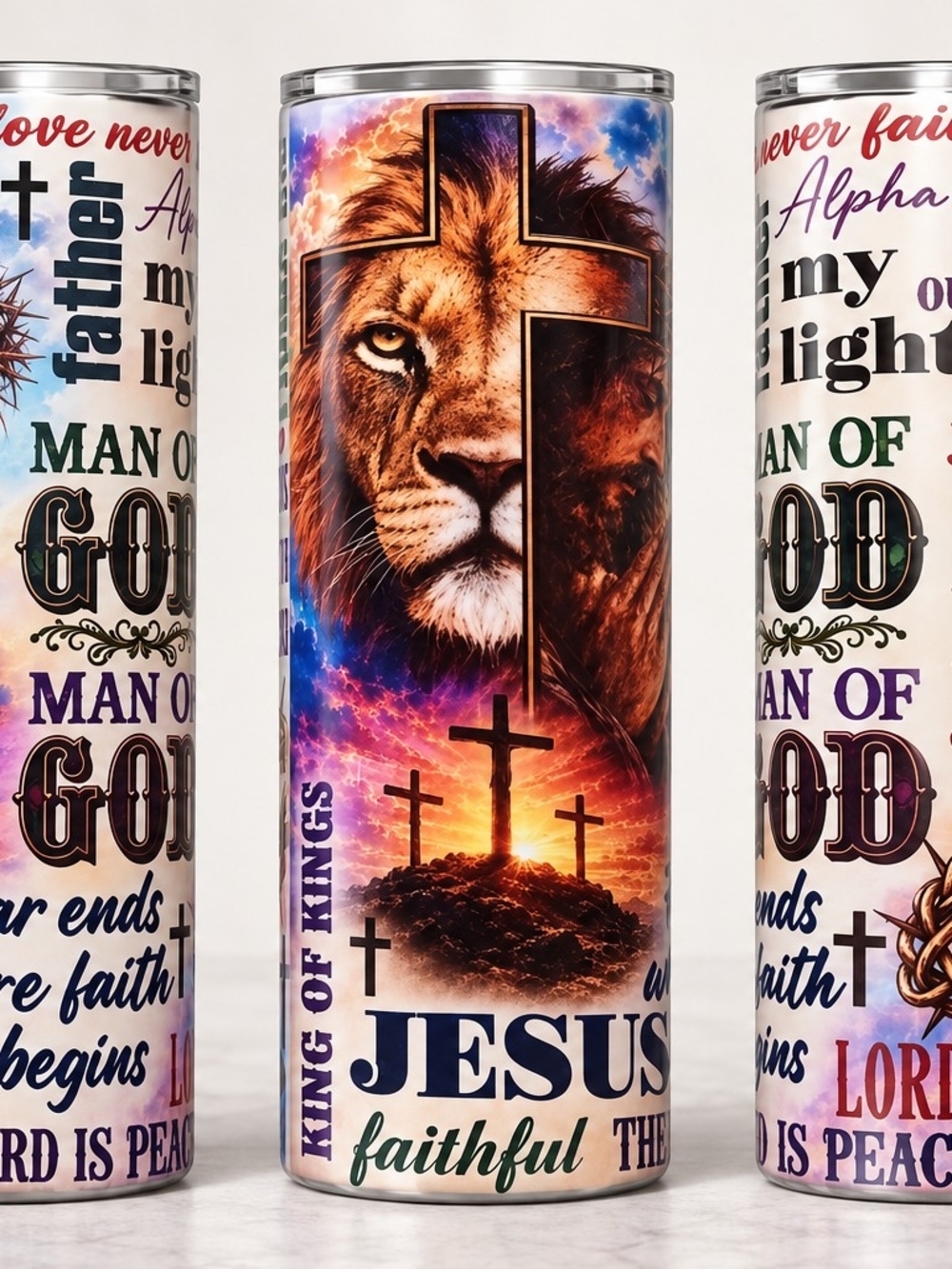 Religious Lion & Cross Stainless Travel Tumbler - Multicolor